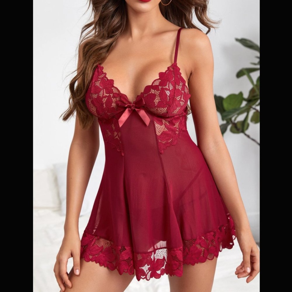 Sexy 2-Pc Floral Lace Lingerie Babydoll & Thong